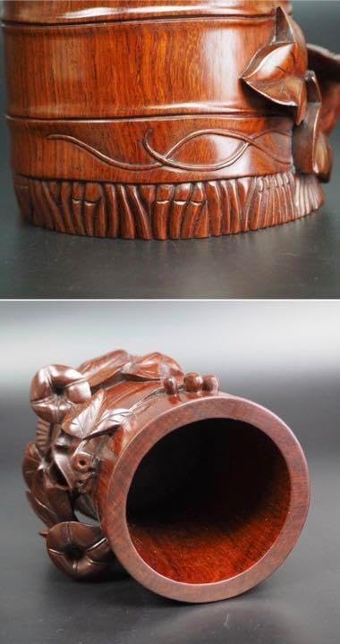 極上唐木紫檀黄花梨木透かし彫り筆筒 箱付 極上唐木紫檀黄花梨